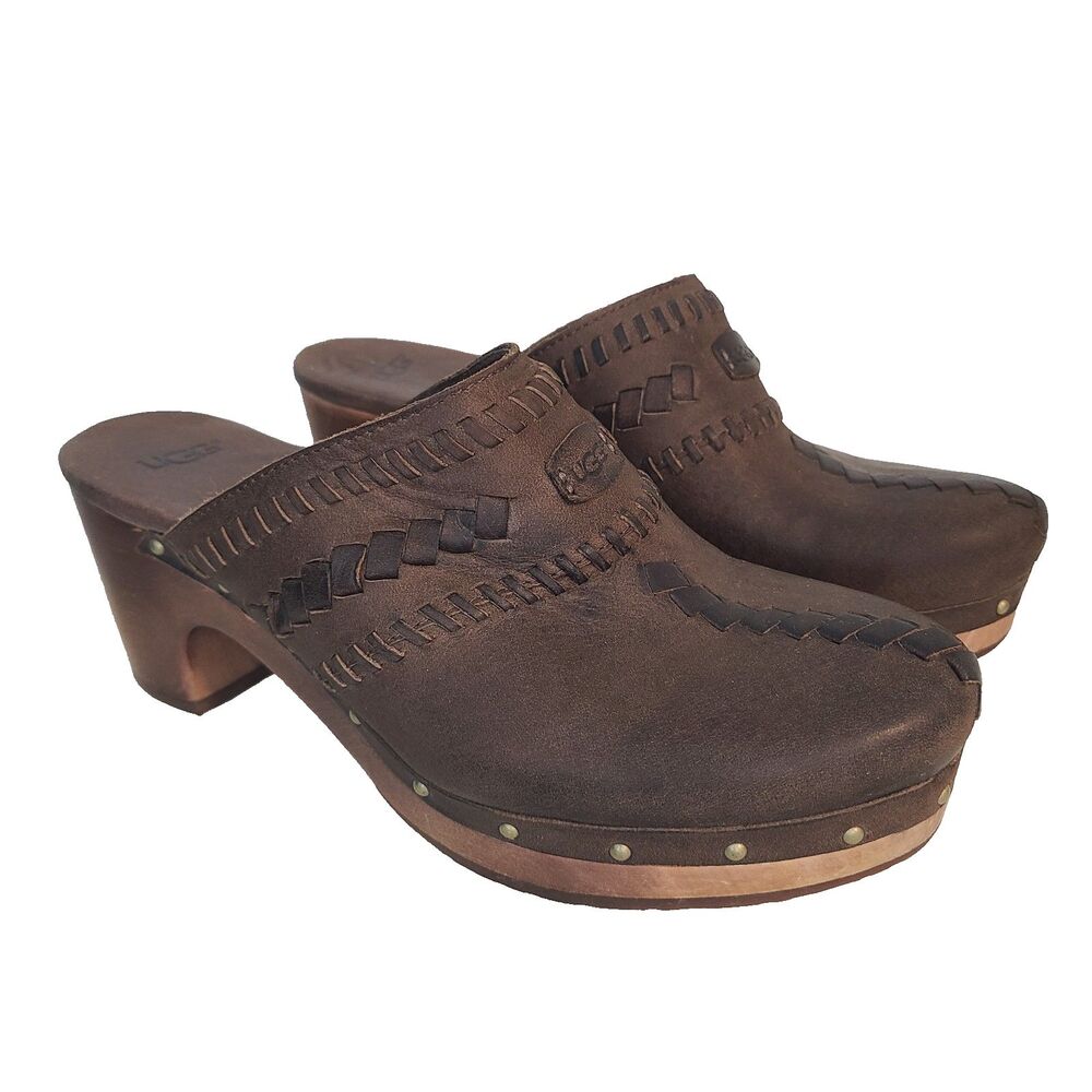UGG Vivica Brown Leather Wood Platform Heel Clogs Woven Studded Sz 9 70s Boho